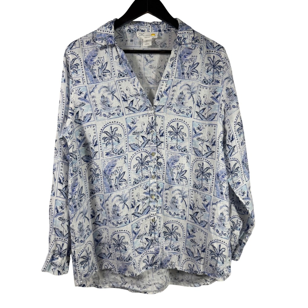 C&C California Womens Blue White Tropical Toile Linen Button Down Shirt Large